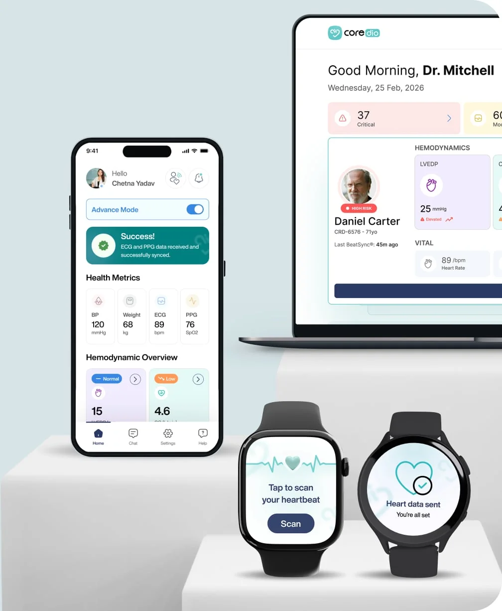 The Coredio dashboard, patient app and watch