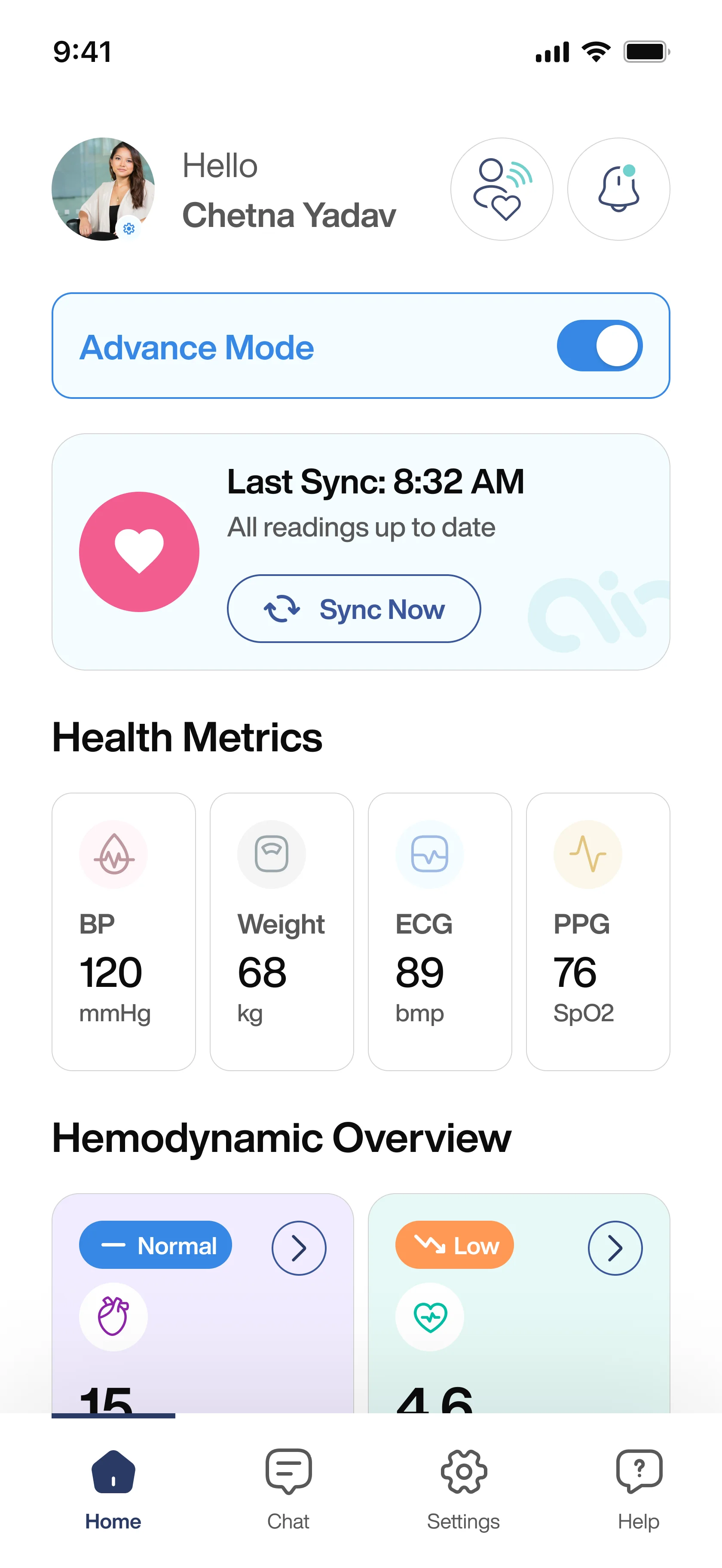 The Coredio app showing a patient's health metrics