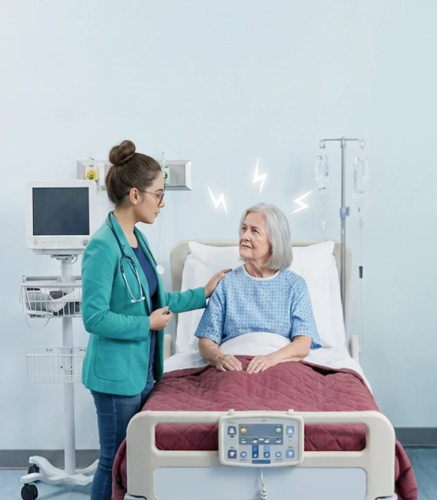 A clinician at the bedside of a hospital patient