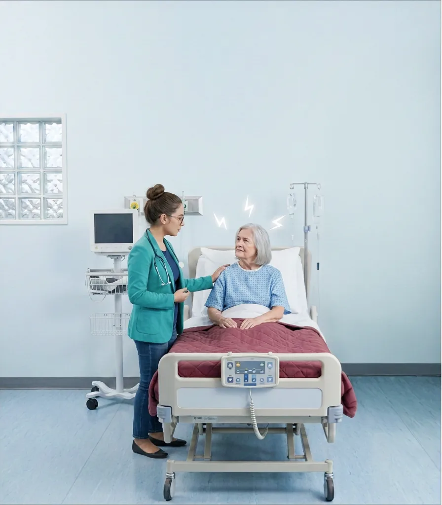 Clinician with a patient in a hospital bed