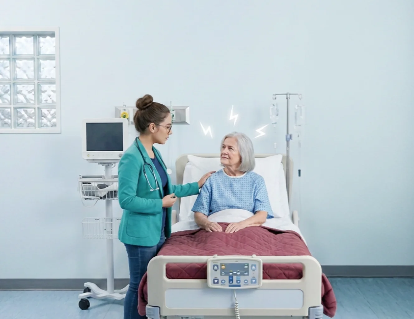 A clinician at the bedside of a hospital patient