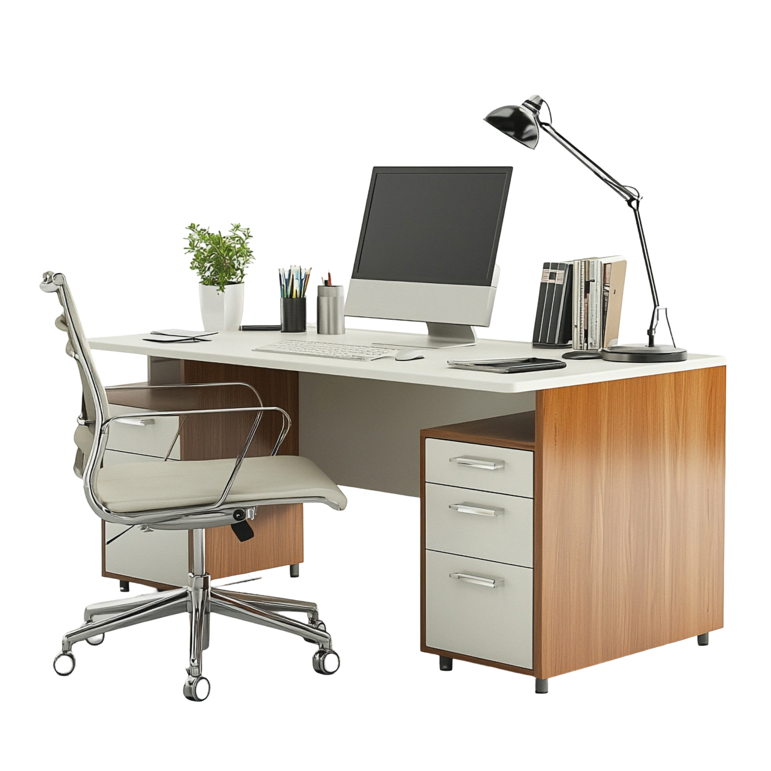 A tidy office desk with a monitor and lamp