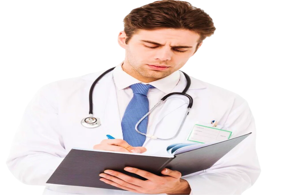 A doctor writing on a clipboard