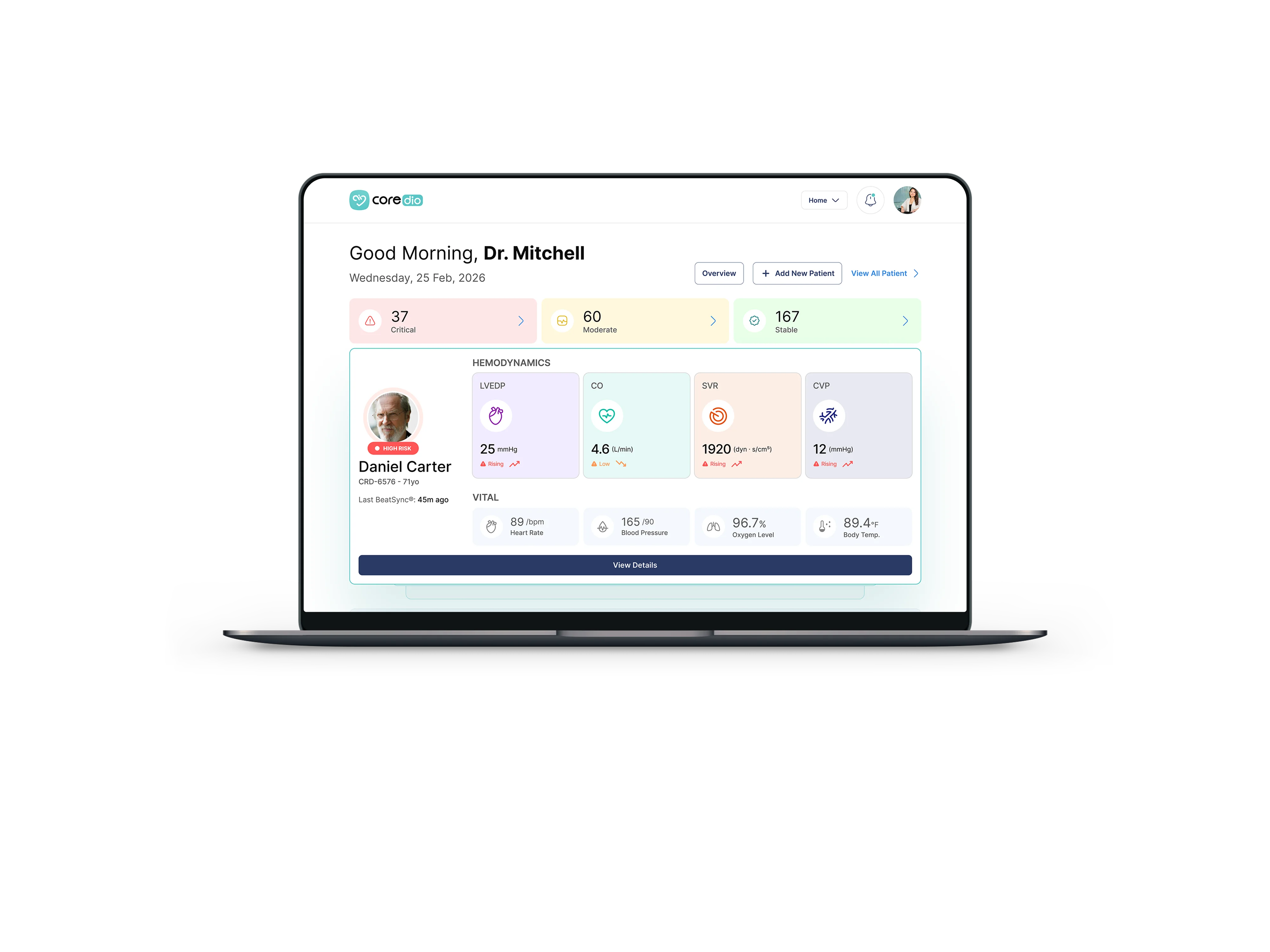 A laptop showing the Coredio clinician dashboard